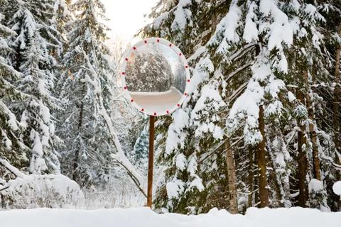 Road mirror in winter forest Stock Photos