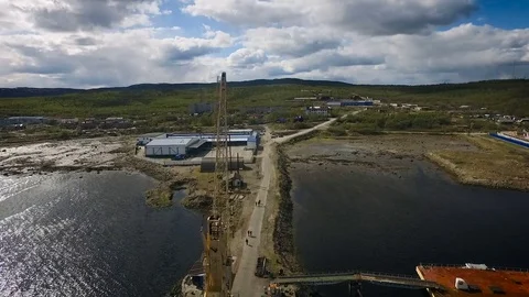 Road to Moorage in Post. Bridge System. Crane at End. People Walking on Road. Stock Footage 73905704