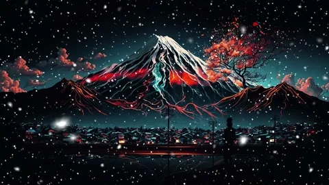 The road to Mount Fuji. Falling snowflakes. Loop. Snowfall. Stock Footage 235941063