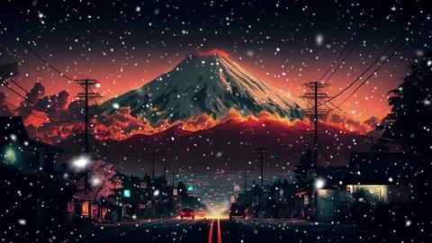 The road to Mount Fuji. Falling snowflakes. A looped snowfall. Stock Footage 241488411