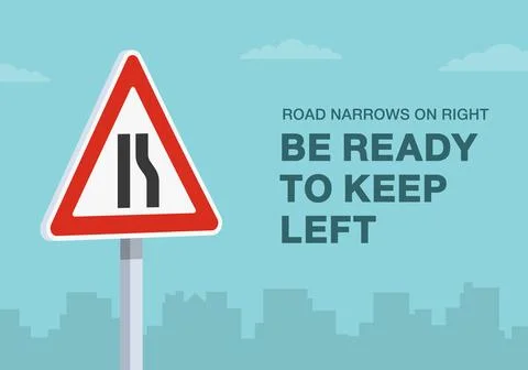 "Road narrows on right, be ready to keep left" traffic sign. Close-up view. Stock Illustration