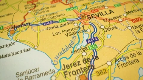 Road network atlas map from cadiz to seville, spain Stock Footage 343819441