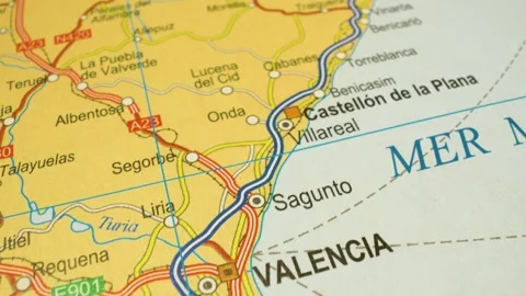 Road network atlas map from castellon de la plana to valencia, spain Stock Footage 343819436