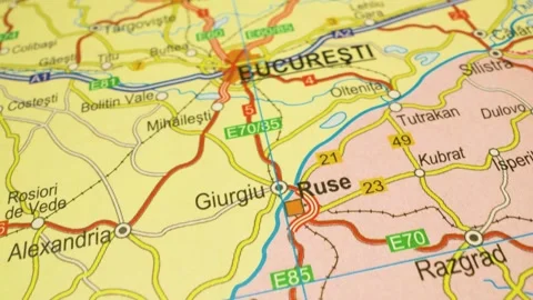 Road network atlas map from ruse to bucharest, romania Stockbeeldmateriaal 343820134