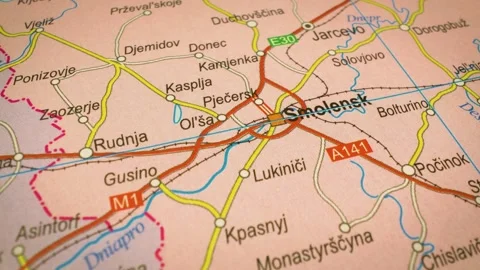 Road network gliding from orsha belarus to smolensk russia over atlas map Stock Footage 343124731