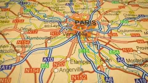 Road network gliding toward paris france over atlas map Stock-Footage 343125126