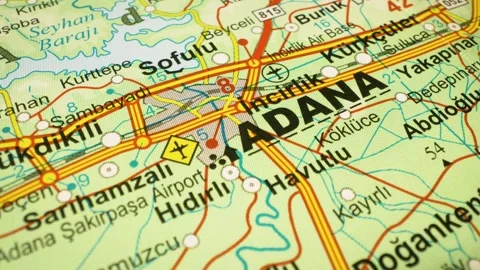 Road network leading to Adana, Turkey – gliding over atlas map Stock Footage 346187933