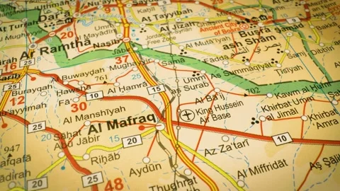 Road network leading to Al Mafraq, Jordan – gliding over atlas map Stock Footage 346187934