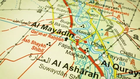 Road network leading to Al Mayadin, Syria – gliding view over an atlas map Stock Footage 345784316
