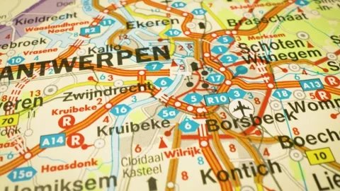Road network leading to Antwerp, Belgium – gliding over atlas map Video stock 344639859