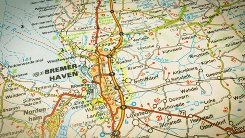 Road network leading to Bremerhaven, Germany – gliding over atlas map Stock Footage 346188037