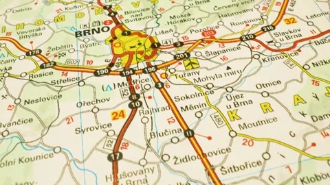 Road network leading to Brno, Czech Republic – gliding over atlas map Video stock 344639950