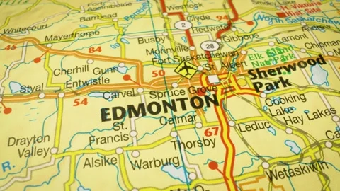 Road network leading to Edmonton, Canada – gliding view over an atlas map Stock Footage 345784188