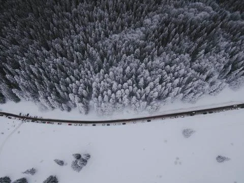Road over mountain forest by drone Stock Photos