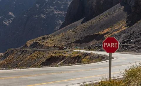 A road that passes through the Andes among the mountains in Chile. Stock Photos