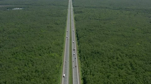 Road passing through forest under cloudy sky in summer time, drone aerial shot 스톡 동영상 132943893