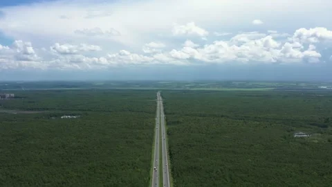 Road passing through forest under cloudy sky in summer time, drone aerial shot Stock Footage 133067828
