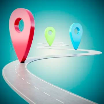 Road path going forward on blue background with colorful pin pointer. 3d 스톡 일러스트