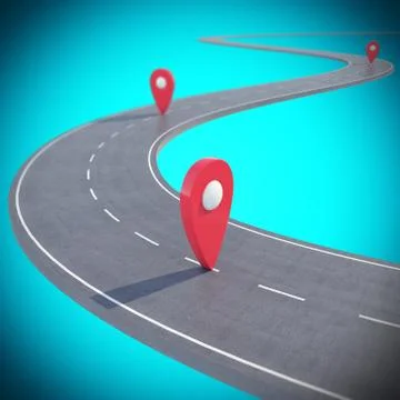 Road path going forward on blue background with pin pointer. 3d illustration Stock Illustration