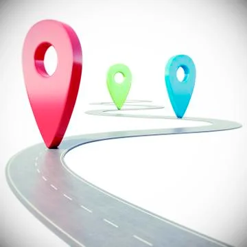 Road path going forward on white background with colorful pin pointer. 3d Stock Illustration