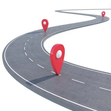 Road path going forward on white background with pin pointer. 3d illustration Stock Illustration