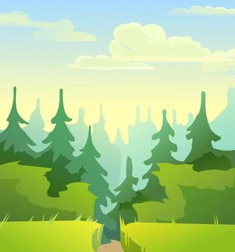 Road to a pine forest through a farm rural field. Cute funny floral green lan Stock Illustration