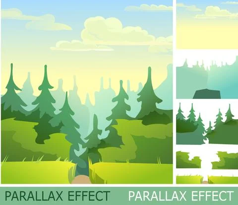 Road to a pine forest through farm rural field with parallax effect. Cute fun Stock Illustration