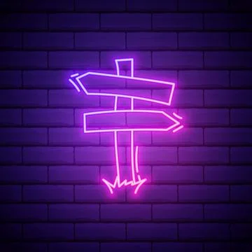 Road pointer neon sign. Glowing neon trip pointer and sun on brick wall backg Stock Illustration