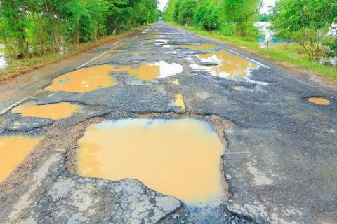 Road with potholes . Foto stock