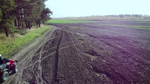 Off-road quad biking along the forest and field, shooting with a drone Stock Footage 204735486