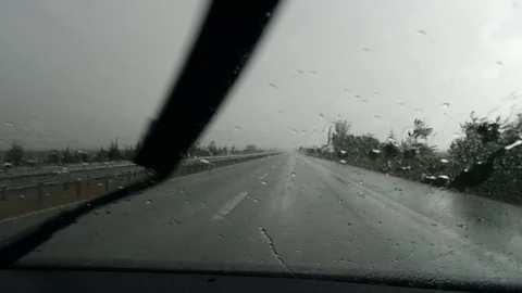 On the road rain fog Stock Footage 97053567