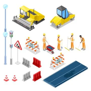 Road repair and construction, vector 3D isometric isolated icons Stock Illustration