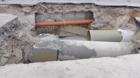 Road repair and underground pipe replacement project Stock Footage 342348006