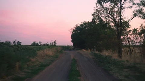 Off-road riding in the evening. View from a moving car on a dirt road. Stock Footage 125491022