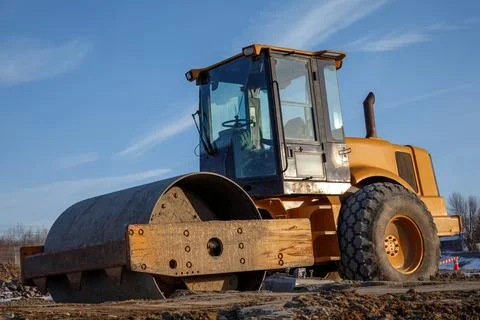 Road Roller Compactor at Construction Site Steamroller Photos