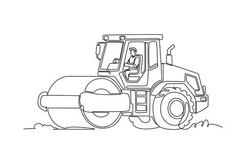 Road roller construction machine being operated by young male driver Stock Illustration