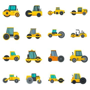 Road roller icons set flat vector isolated Stock Illustration