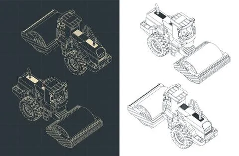 Road roller isometric blueprints Stock Illustration