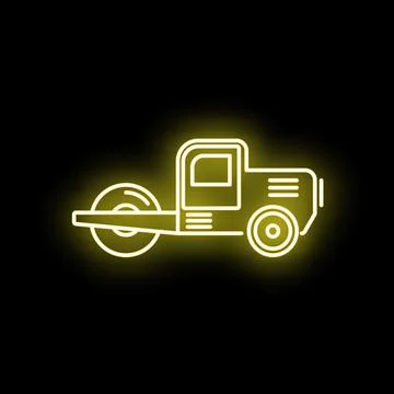Road roller neon light creating construction street sign 库存插图