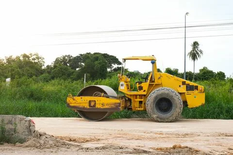 Road roller parking in a construction area Stock Photos