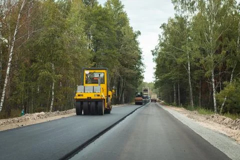 Road roller at a road construction site Stock Photos