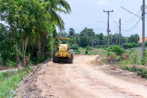 Road Roller on Rural Construction Site Stock Photos