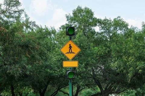 Road rules. Post with traffic lights and sign Pedestrian Crossing outdoors Stock Photos