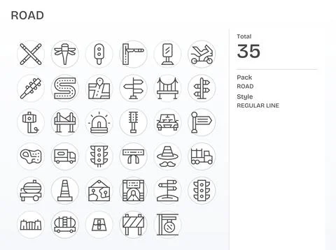 Road Scalable Vector Set featuring 35 Grid Fitted Regular Line High Resolut.. Stock Illustration