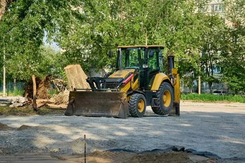 Road scraper.Construction bulldozer for work Stock Photos