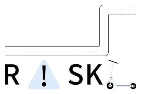 Road with sharp bend transitioning into text RISK, with a warning triangle as Stock Illustration