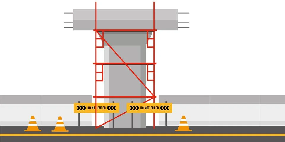 Road side vector. Scaffolding. Bridge pillar. Construction. Stock Illustration