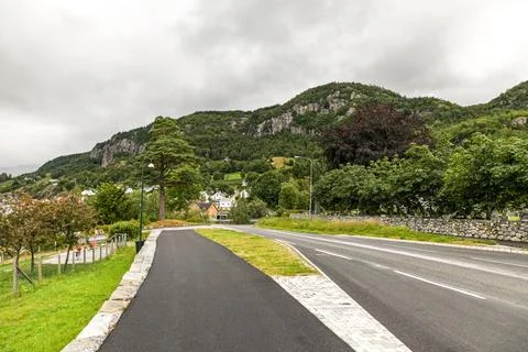 A road with a sidewalk and a tree on the side in Norway Stock Photos