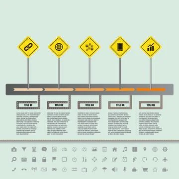 Road sign flat timeline with set of icons Stock Illustration