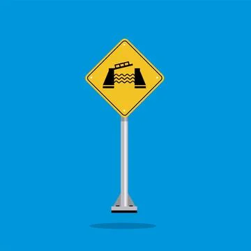 Road sign icon, movable bridge warning on yellow rhombus Stockillustratie